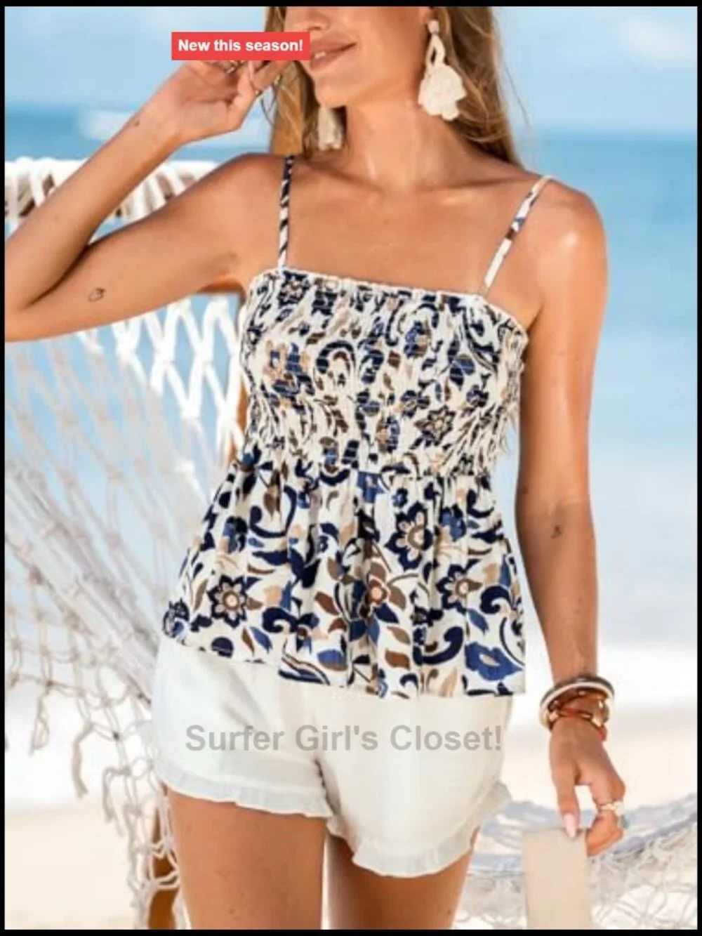 Women's Smocked Cami Top Floral Print Spaghetti Strap Summer Tank